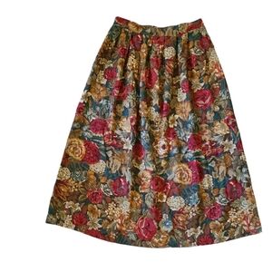 Vintage Cricket Lane14 Long Floral Skirt Elastic Back Tan Brown Cottagecore